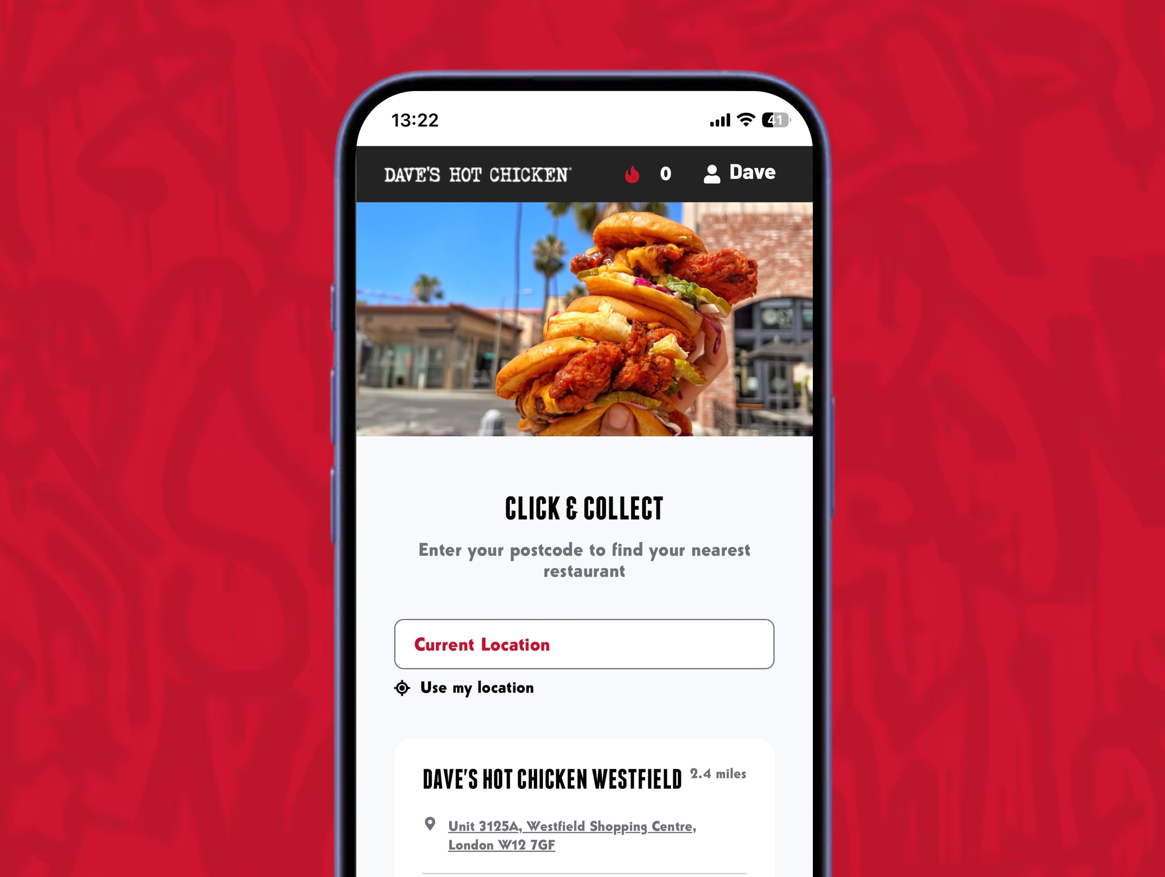 Click and collect screen on the Dave's Hot Chicken App